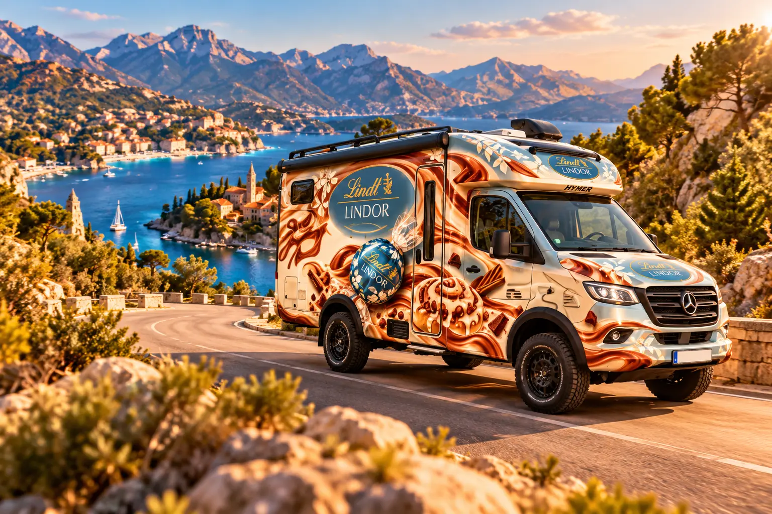 Der Lindt LINDOR Hymer auf einer Küstenstraße in Europa
