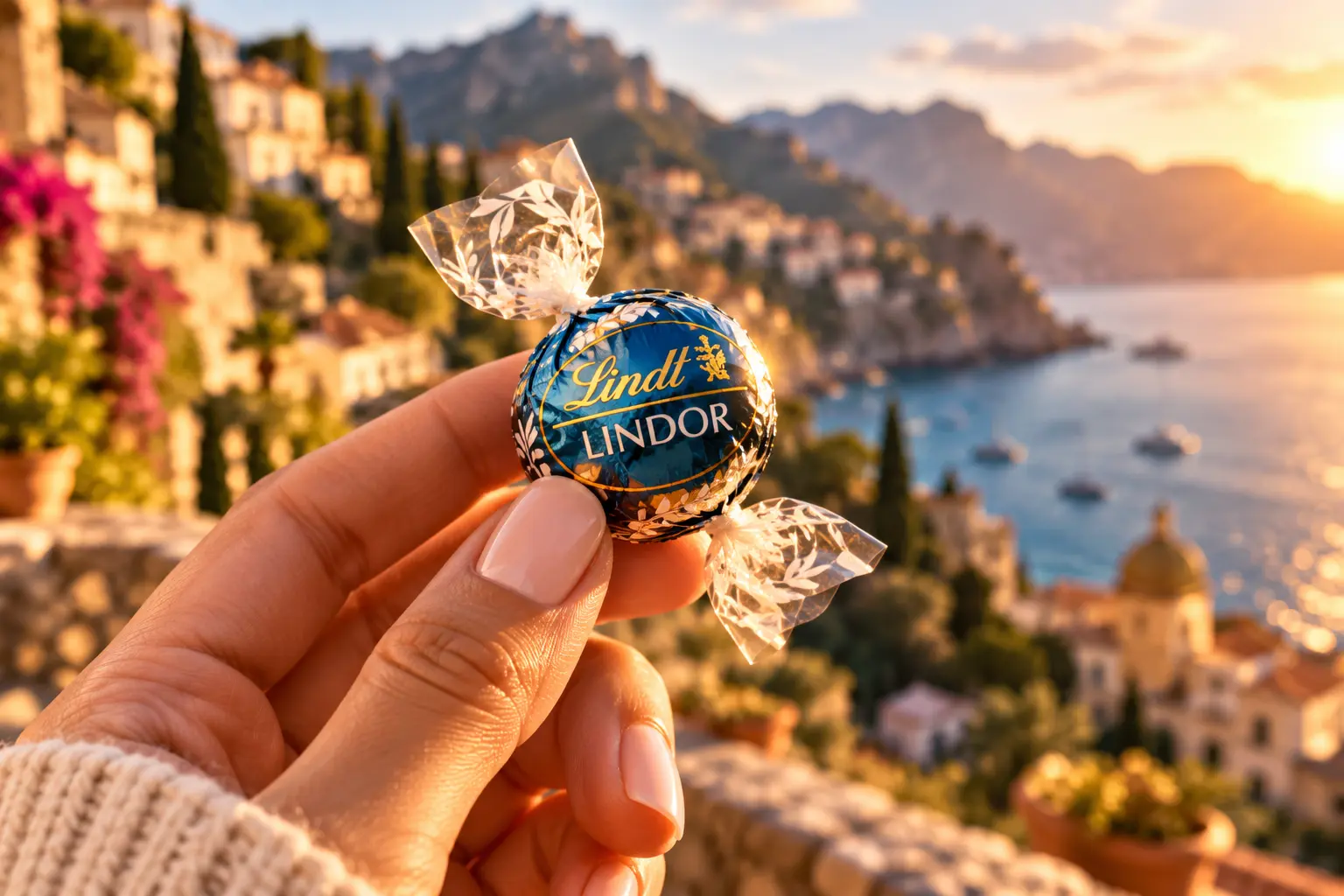 Eine LINDOR Kugel vor europäischer Küstenkulisse